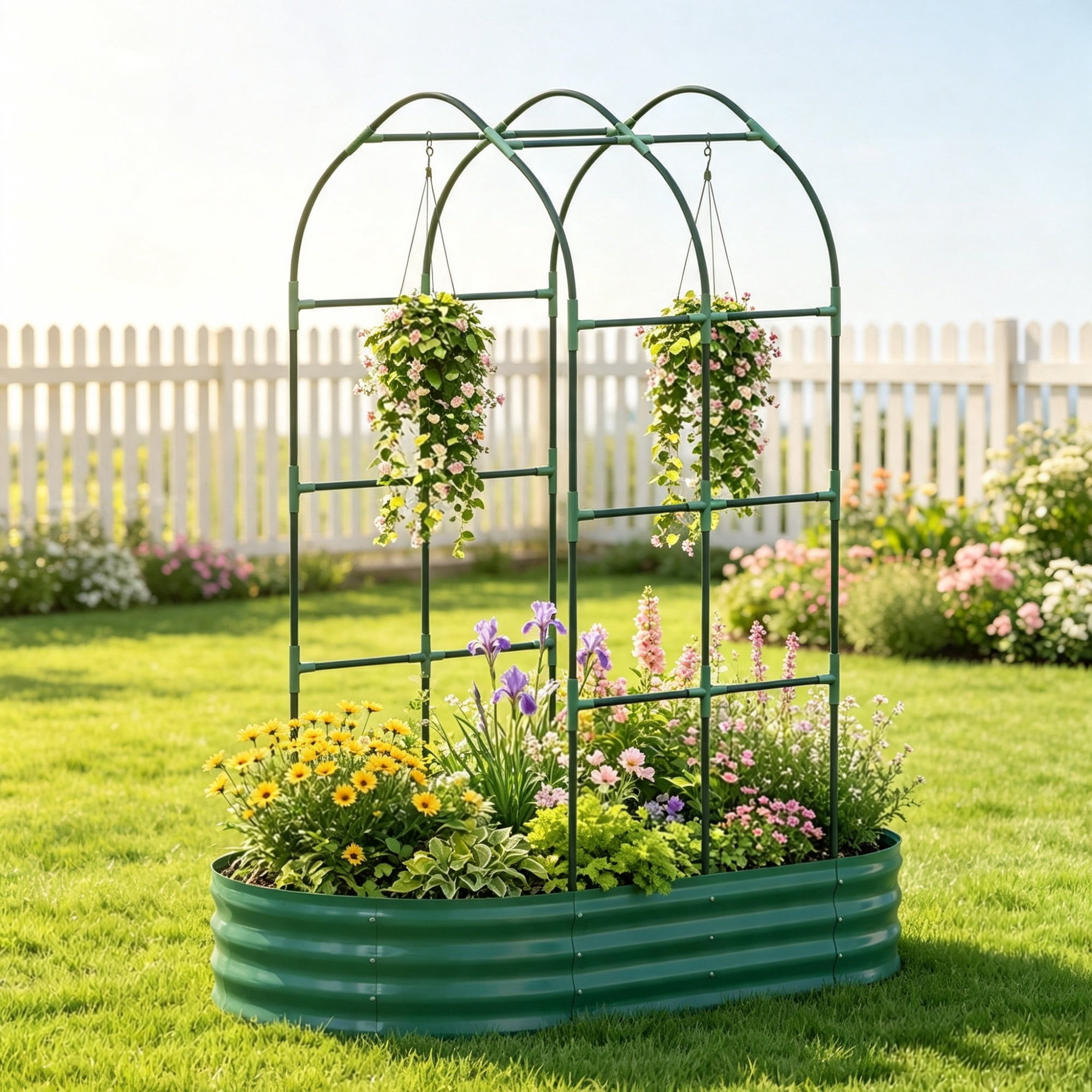 Galvanised Metal Raised Garden Bed, 5 x 3 x 6ft Outdoor Planter Box, Arched Trellis, Open Bottom, Green (Only for Elevated Garden Beds)