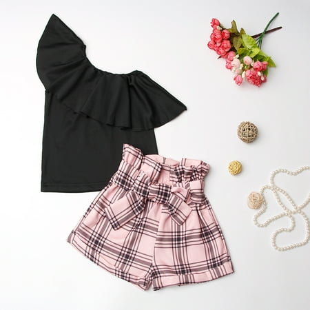

Hunpta Toddler Kids Girls Clothes Casual Beach Soild Sleeveless Pink Plaid Short 2PCS Outfits Set