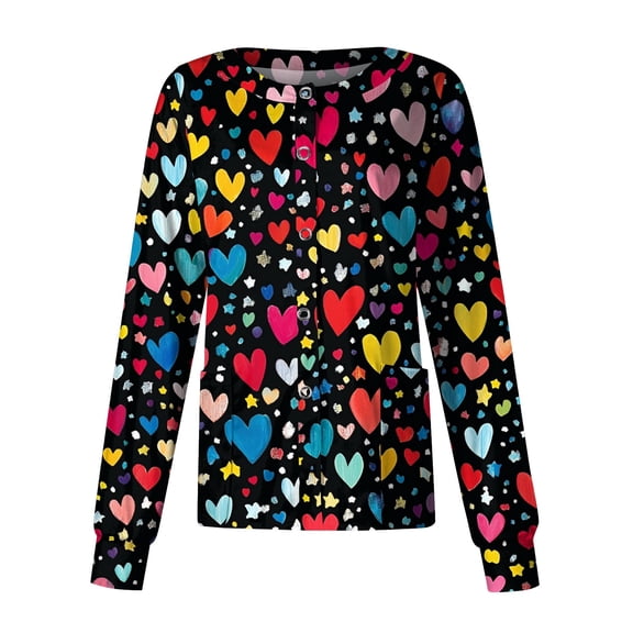 LHVUOA Valentines Day Womens Warm Up Scrubs Jacket Long Sleeve Snap Front Valentine Love Printed Scrub Tops Working Uniforms with Pockets