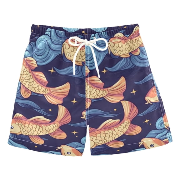 Orange Fish in Waves Boys Swim Trunks Quick Dry Boy Swim Shorts for 3-14 Years