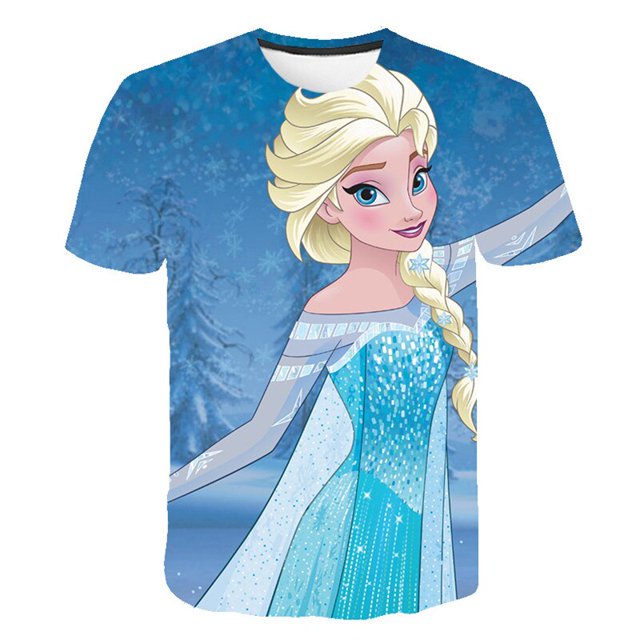 anna elsa niños camisetas niñas verano elsa frozen ropa bebé camisetas niños manga ropa camiseta 2 3 5 7 8 9-14 años 5t camiseta unisex con estampado frontal de Elsa de Frozen, vista frontal centrada, cuello O y manga corta, fondo azul con copos de nieve y vestido impreso, poliéster, ajuste normal y tallas infantiles; adecuada para uso de verano y actividades diarias.