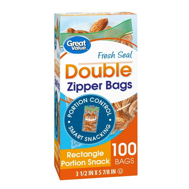 Great Value Fresh Seal Double Zipper Rectangle Portion Snack Bags, 100