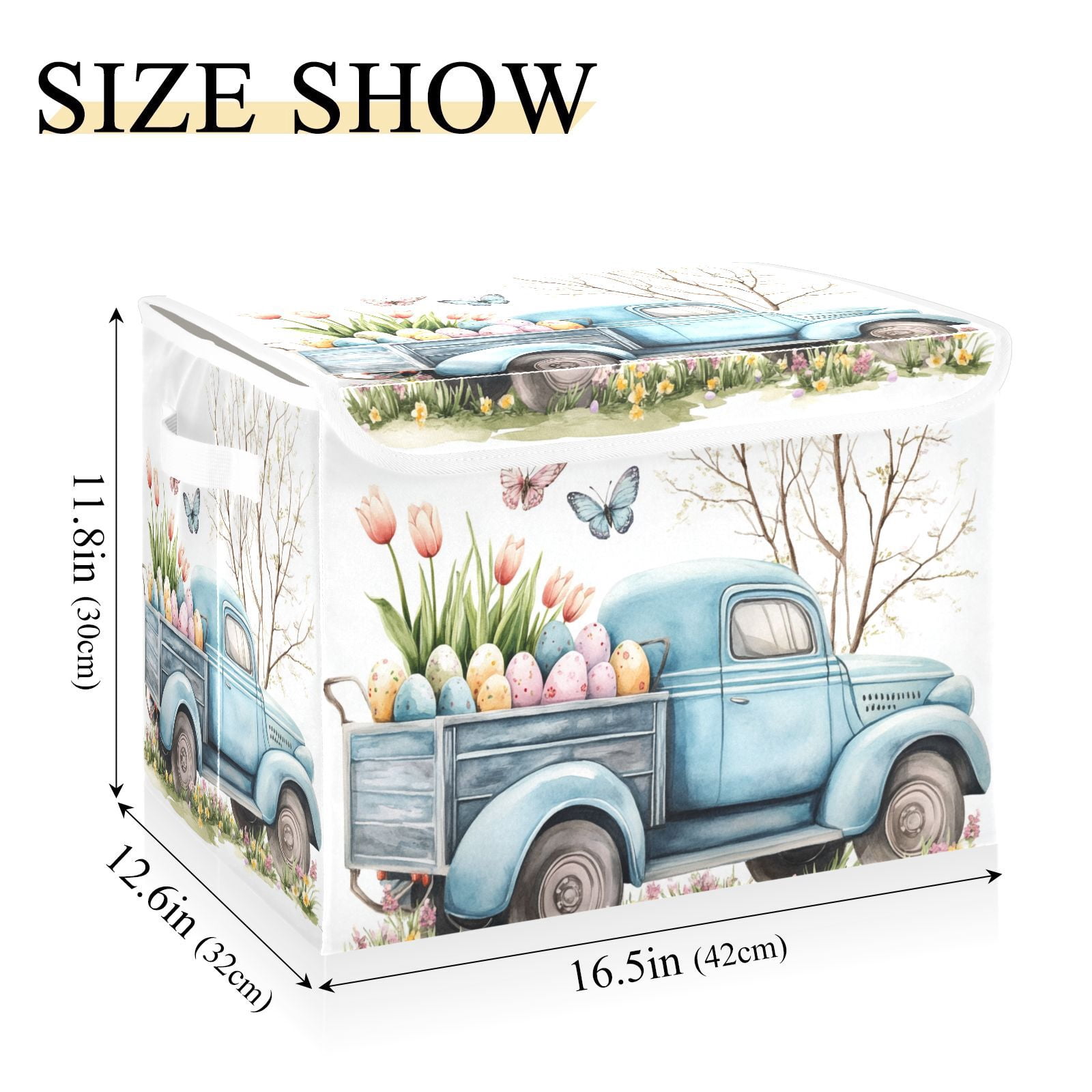 Blue Truck Easter Eggs Storage Basket for Shelves Foldable Container Organizer for Organizing Toys Clothes Books with Handles