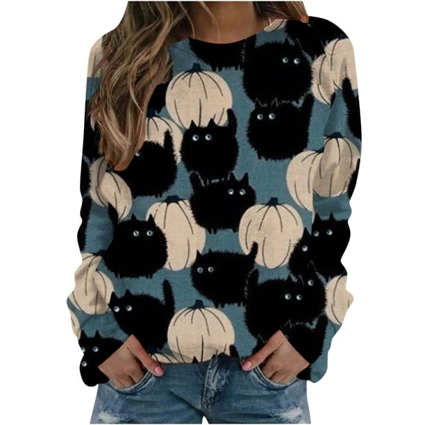 Suéter de manga larga suelto fino de moda con estampado de Halloween de cuello redondo de primavera y otoño para mujer Pompotops FGAJ5988