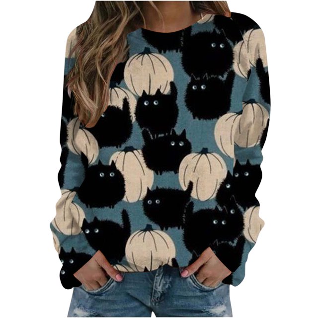 Suéter de manga larga suelto fino de moda con estampado de Halloween de cuello redondo de primavera y otoño para mujer Pompotops FGAJ5989