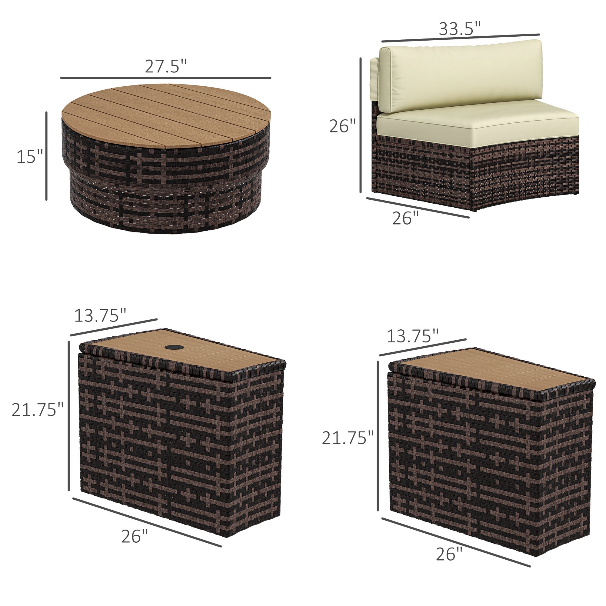 Outsunny 8pc Patio Furniture Set with Sofa, Chair, Umbrella Hole, Brown