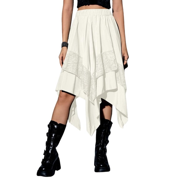 LWavelet Asymmetrical Lace Trim Midi Skirt Women Casual Trendy Edgy Versatile Bottoms White M