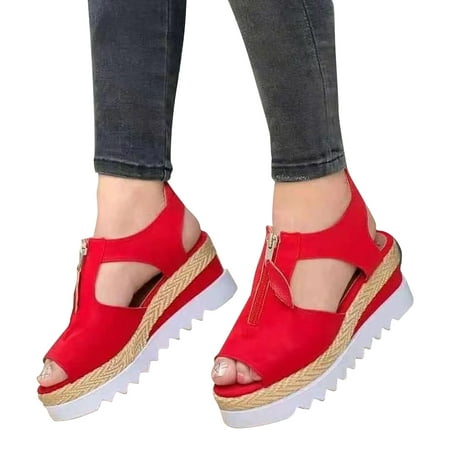 

BRISEZZS Platform Sandals for Women Fish Mouth Wedges Casual Muffin Summer Slide Sandals #153 Red