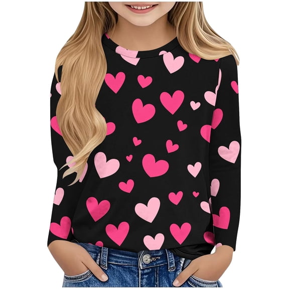 Girls Cute Tops Valentines Day T-Shirts with Love Hearts Print Long Sleeve Crewneck Graphic Basic Tees (13-14 Years, Black)