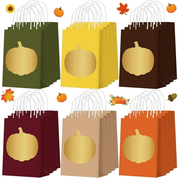24 Pcs Paper Thanksgiving Pumpkin Gifts Goodies Bags with Handles Fall Autumn Party Favors Orange Brown Thanksgiving Treat Candy Bags with Pumpkin Pattern for Gift Wrapping Party Supplies