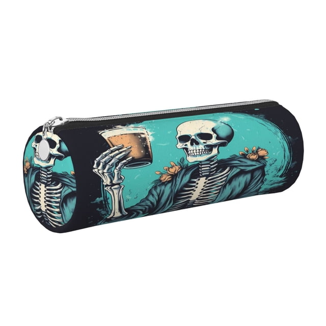 Disketp Vintage Skull Beer Estuche Organizador de Lápices de Cuero, Estuche de Oficina con Cremallera para Bolígrafo y Lápiz