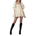 thumbnail image 1 of VISgogo Vestido corto femenino, cuello cuadrado de color sólido, manga corta abullonada, corte bajo, de una pieza para verano, rosa/amarillo, S/M/L/XL/XXL VISgogo  moda, 1 of 9