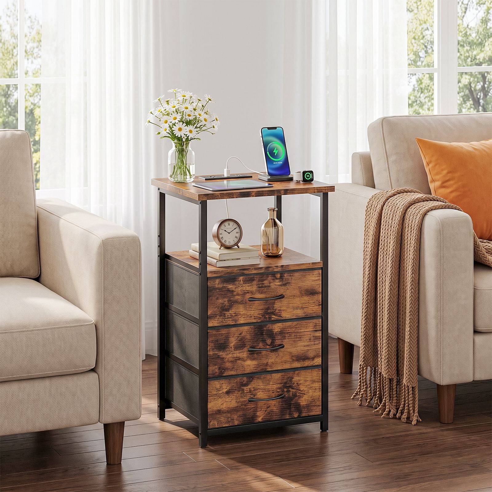 Nightstand with Charging Station and 3 Fabric Drawers, End Table with 2 AC Outlets and 2 USB Ports, Open Shelf, MDF and Metal Frame, Bedroom