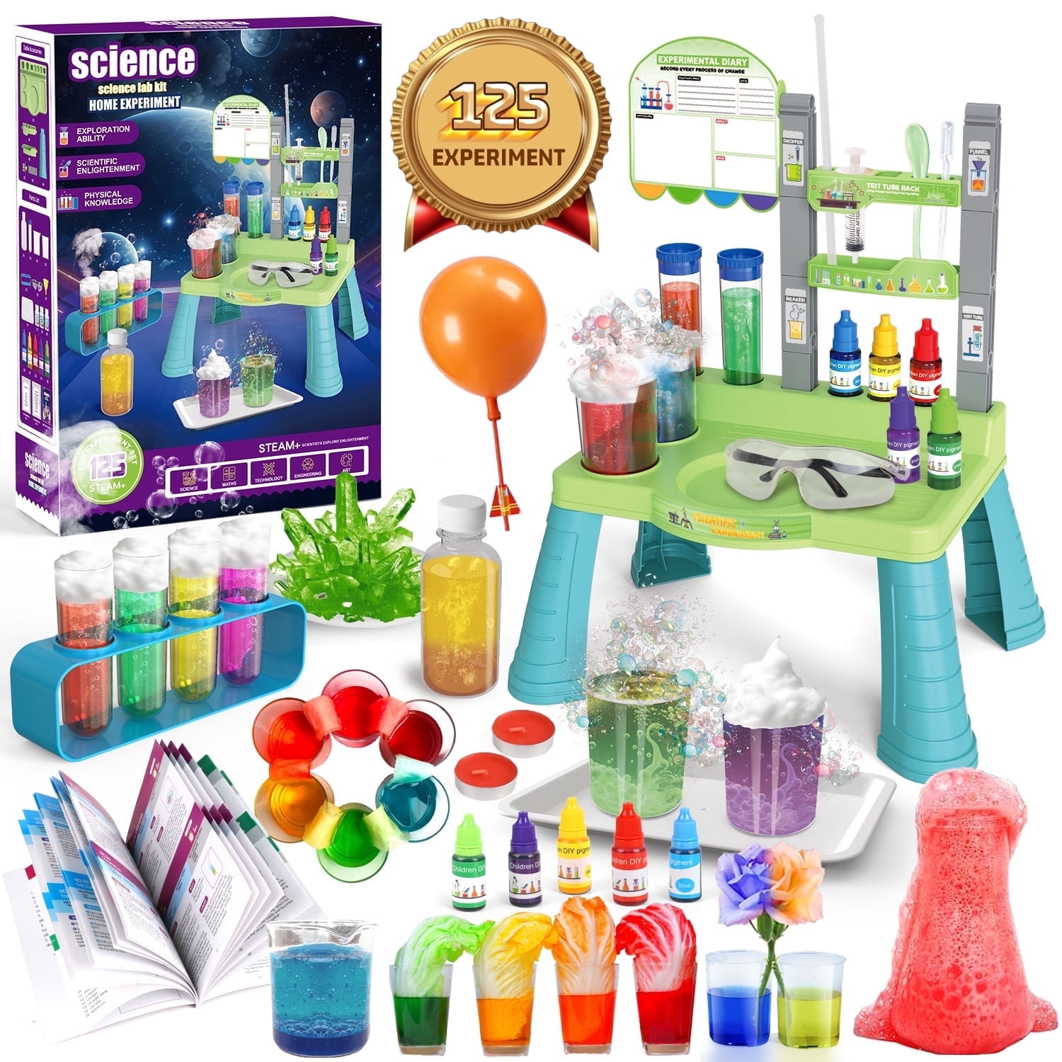 Huge Wave Science Kit Toys for Kids Ages 4-8, 125 Kids Lab Experiments with Table, STEM Education Volcano Toys, Christmas Birthday Gifts for Boys Girls Age 3-7