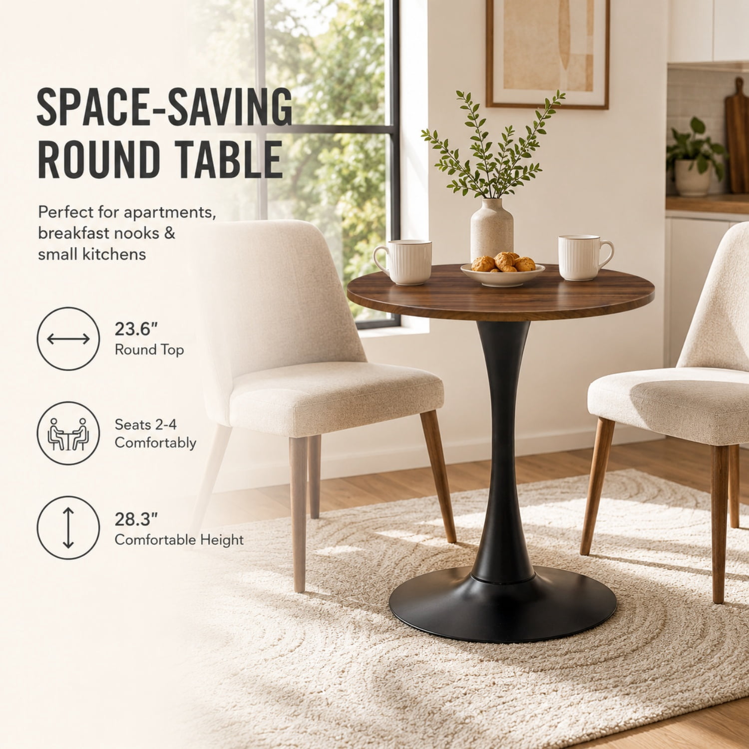Miniyam 23.6” Round Dining Table, Small Pedestal Tulip Style Table for 2–4 People, Wooden Top with Metal Base, Dark Walnut