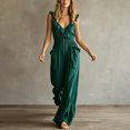 thumbnail image 2 of Morttic Women's Fashion Solid Color Ruffle Strap Wide Leg Jumpsuit – V-Neck Front Zipper Side Pockets Summer Beach One Piece Peacock Green，XL, 2 of 6