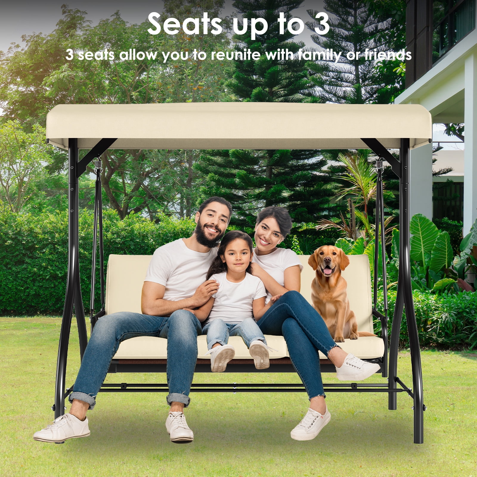 Arlopu 3 Person Porch Swing Outdoor Swing Chair with Adjustable Canopy & Cushions for Backyard Garden, Beige