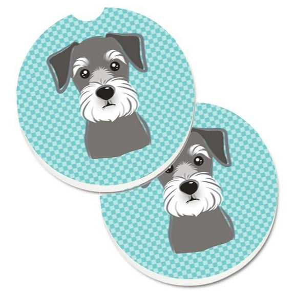 Blue Checkered Schnauzer Set of 2 Cup Holder Car Coaster