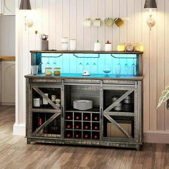 Yardi Yarda 55" Coffee Bar Cabinet with Lights, Cabinet with Wine and Glass Racks, Farmhouse Wine Cabinet for Indoor, Brown
