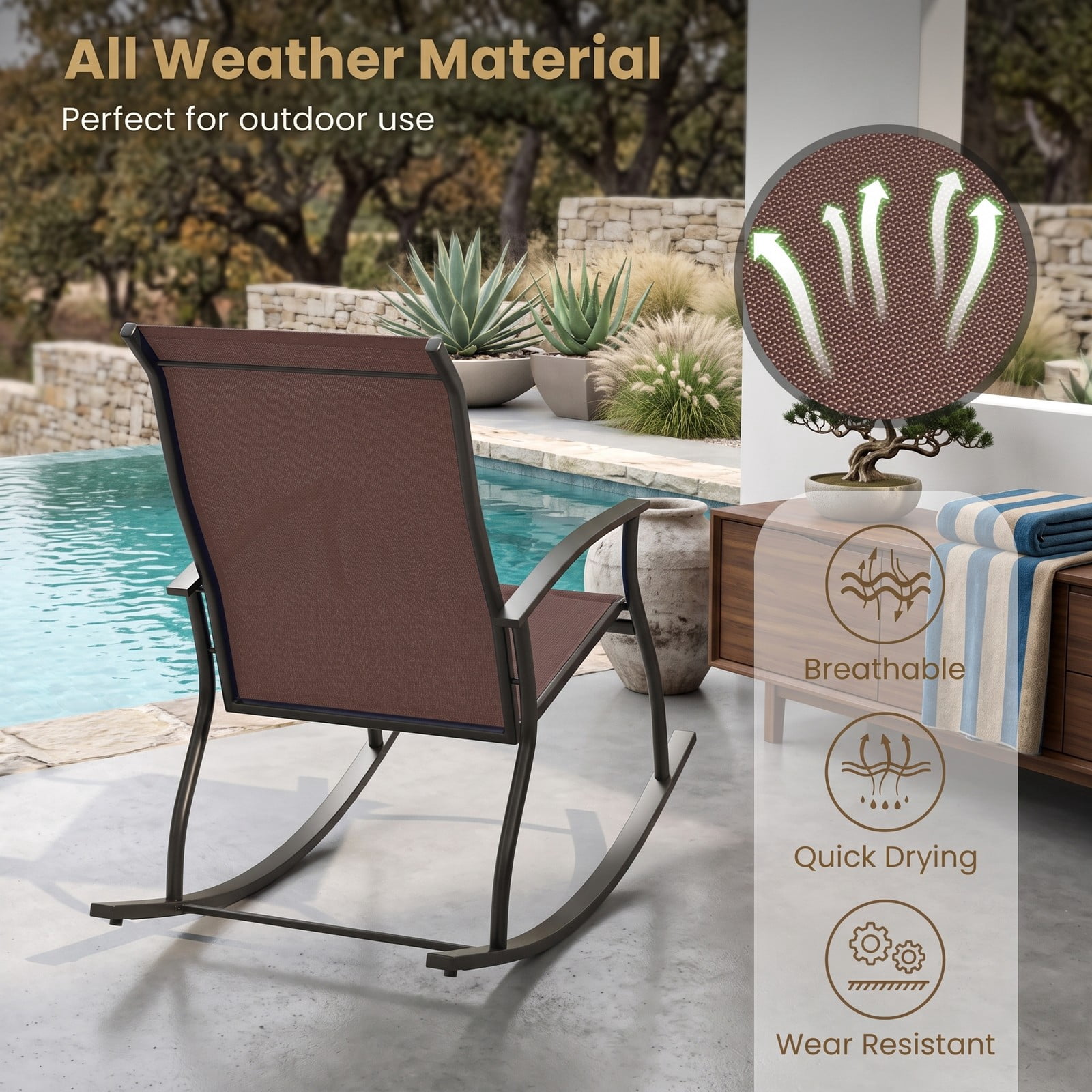 Furnibear Outdoor Rocking Chairs Set of 2 with Breathable Backrest and Rustproof Metal Frame for Backyard and Poolside, Brown