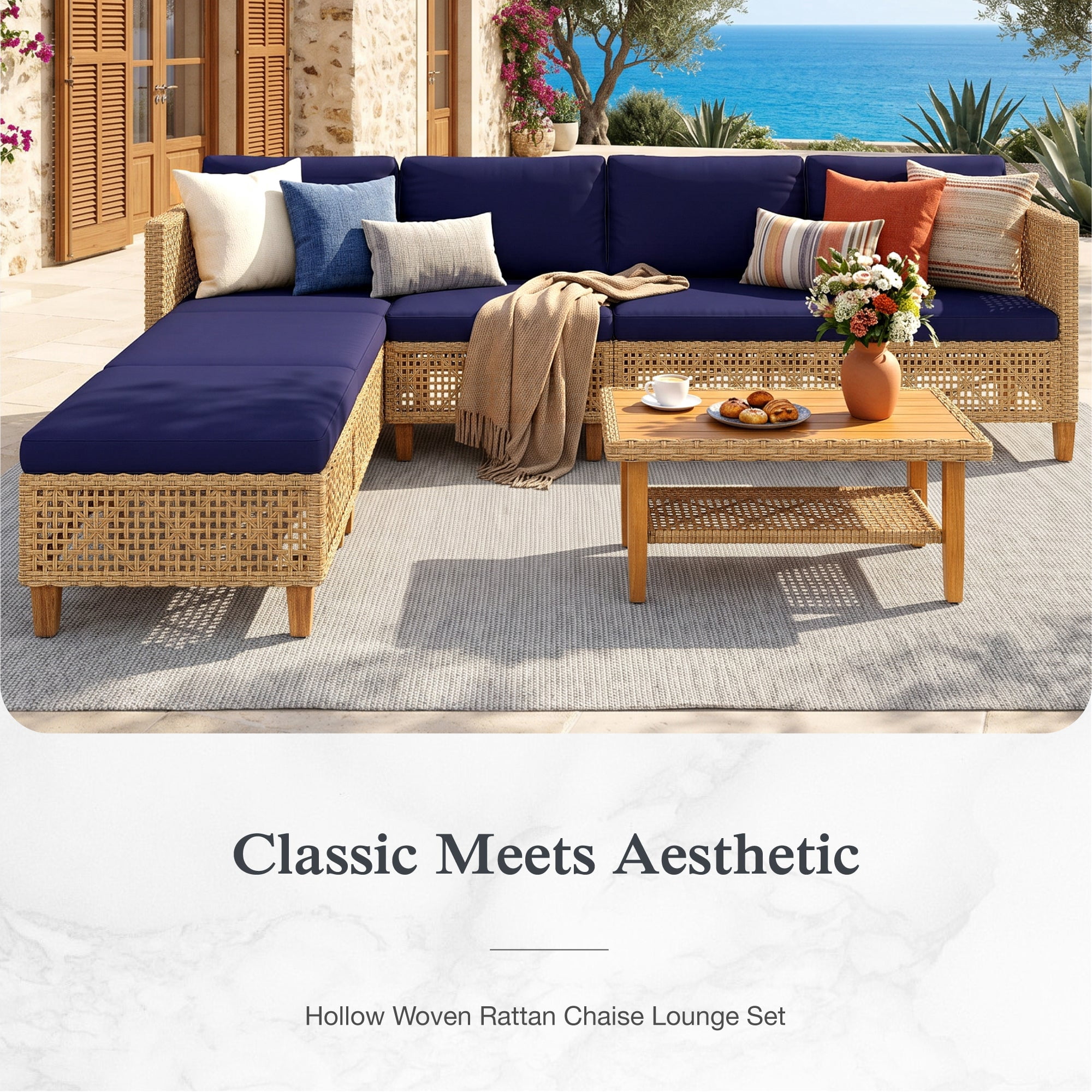Alpha Joy 3 Pieces Wicker Patio Furniture Conversation Set Boho Style Outdoor Sofa with Coffee Table and Navy Blue Cuchions