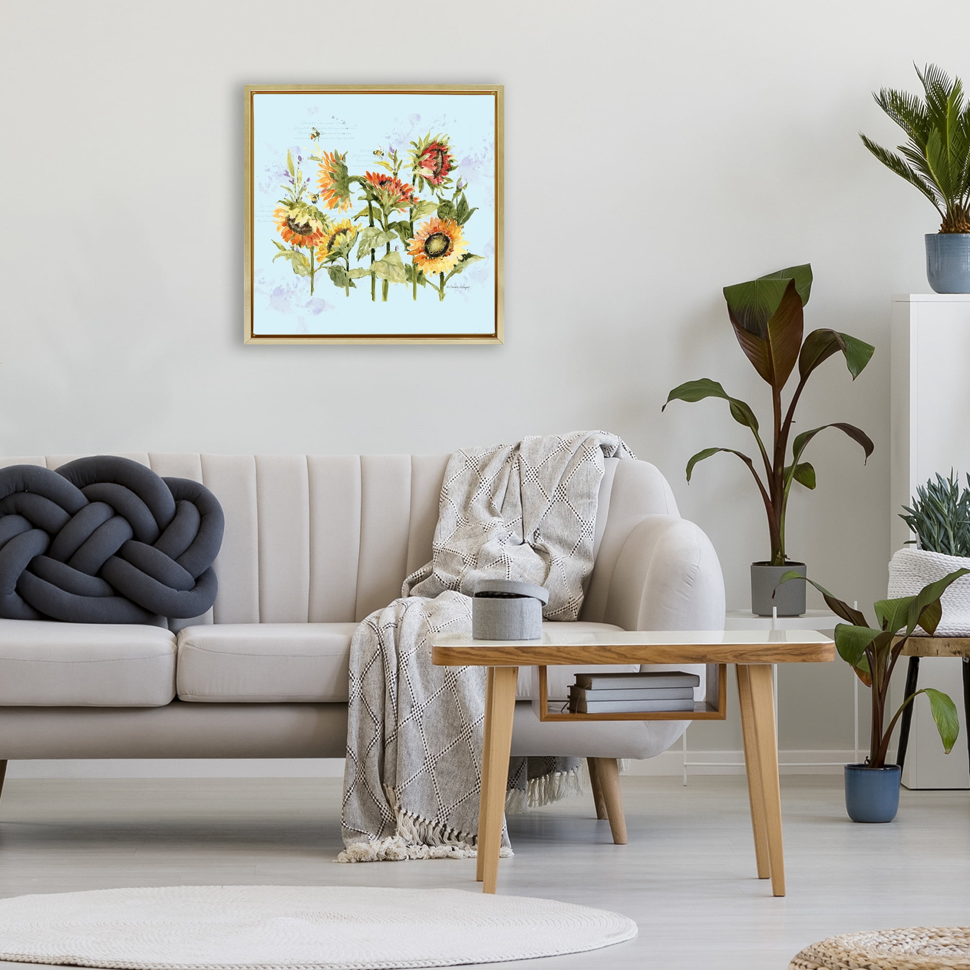 Stupell Industries Sunflowers & Bee on Blue Gold Framed Floater Canvas Wall Art, design by Susan Winget