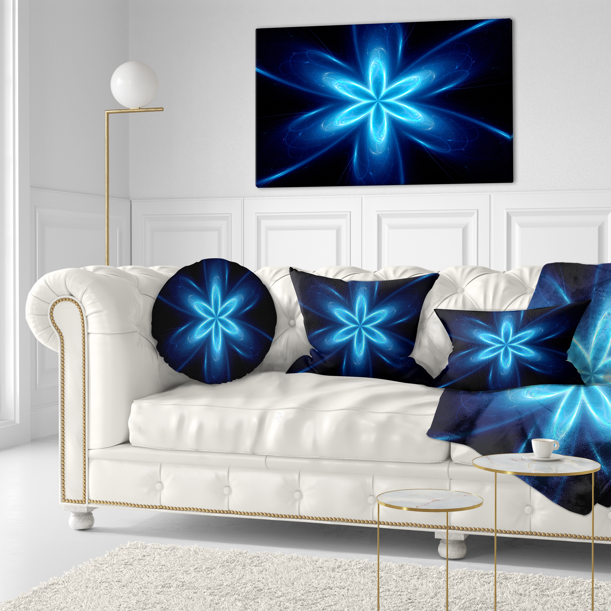Designart Blue Glowing Space Fractal Flower - Flower Throw Pillow - 12x20