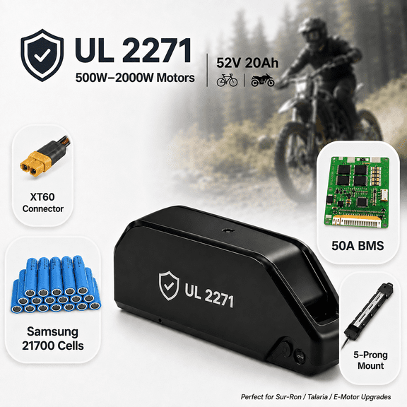 FRTTP-jay 52V 20Ah Lithium-Ion Ebike Battery with 50A BMS, XT60 Connector, 5-Prong Mount and 4A Charger for 500W-2000W Electric Bike Motors