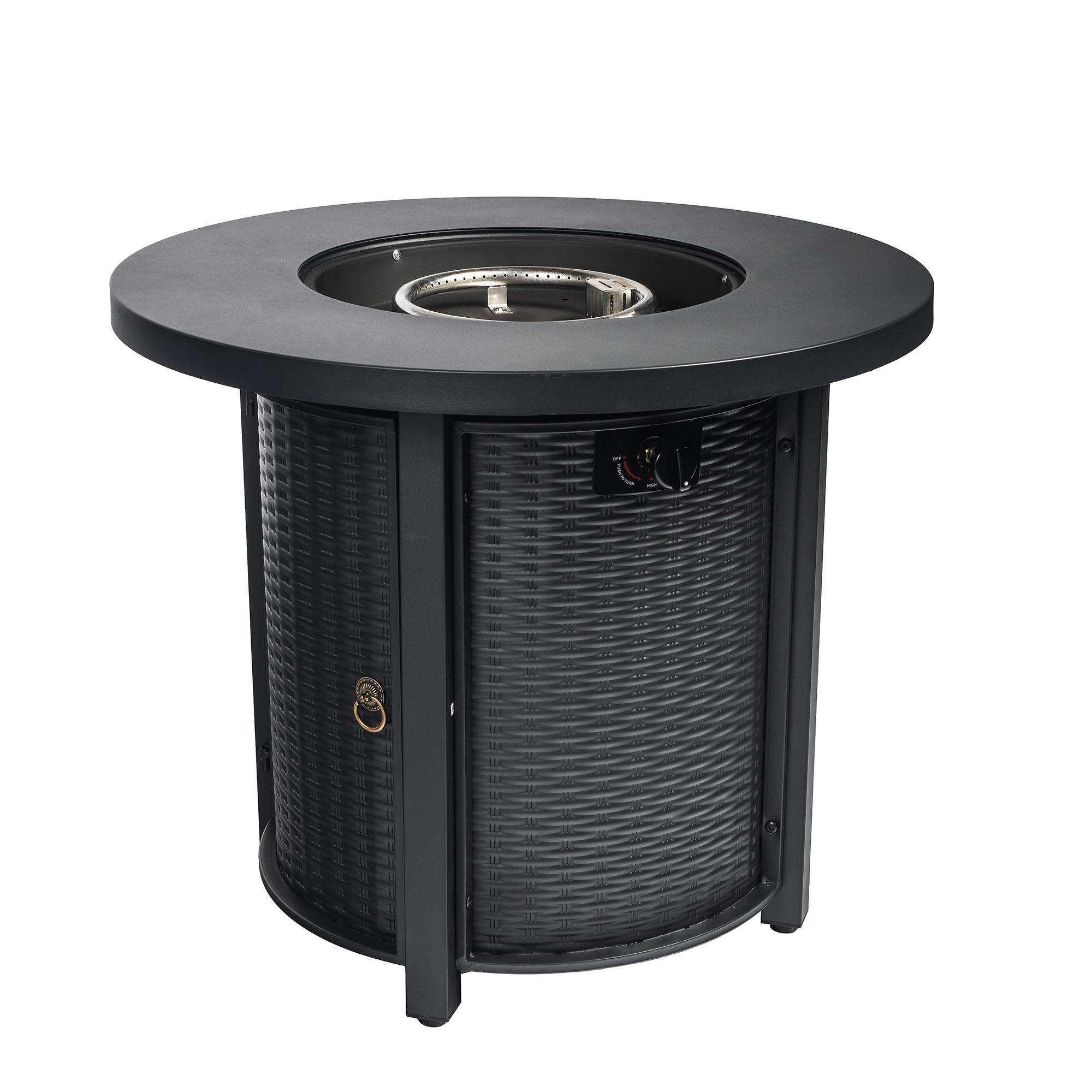 30In Propane Fire Pit Table 40000BTU Round Steel Patio Heater Electronic Ignition Lid Lava Rocks Included Outdoor Backyard Deck Garden Adjustable Flame Black Rattan Pattern 20SqFt Heating
