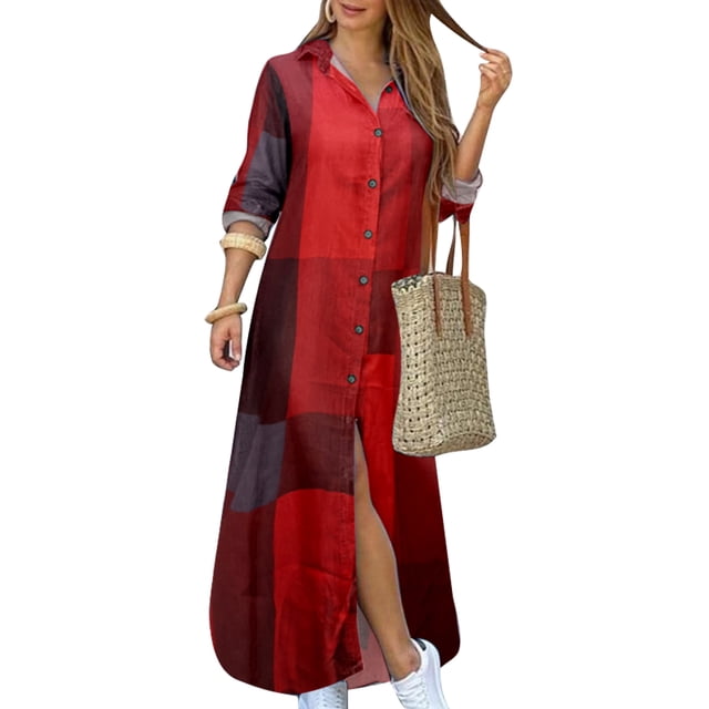 MAWCLOS Robes Maxi pour Femmes Robe Chemise à Imprimé Floral Kaftan à Revers Manches Longues 8002 Rouge TTG