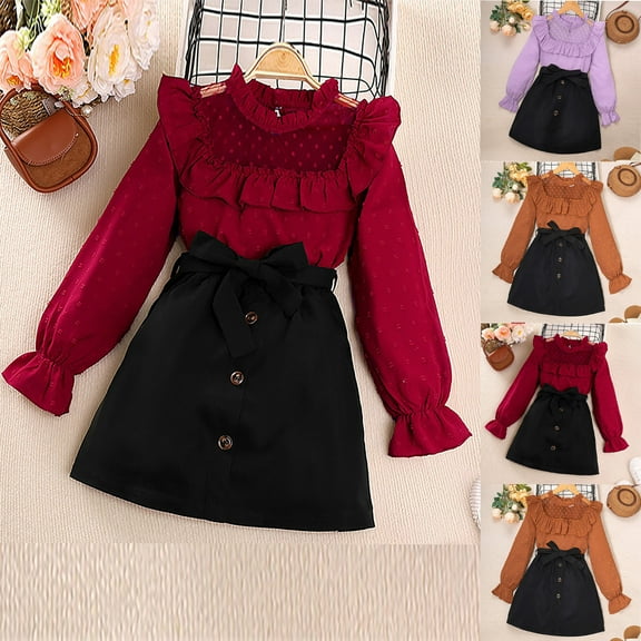 PXLKNZH Toddler Girl Clothes Ruffle Long Sleeve Blouse Dress Shirt Bow Skirt Set 2 Piece Outfit Cute Dresses for Little Girls Kids 8-12 Years Brown,8 Years