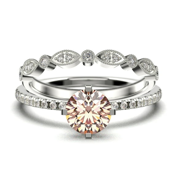 Dazzling Art deco 1.25 Carat Round Cut Morganite And Diamond Moissanite Engagement Ring, Wedding Ring, One Matching Band in 925 Sterling Silver With 18k White Gold Plating Gift For Girlfriend