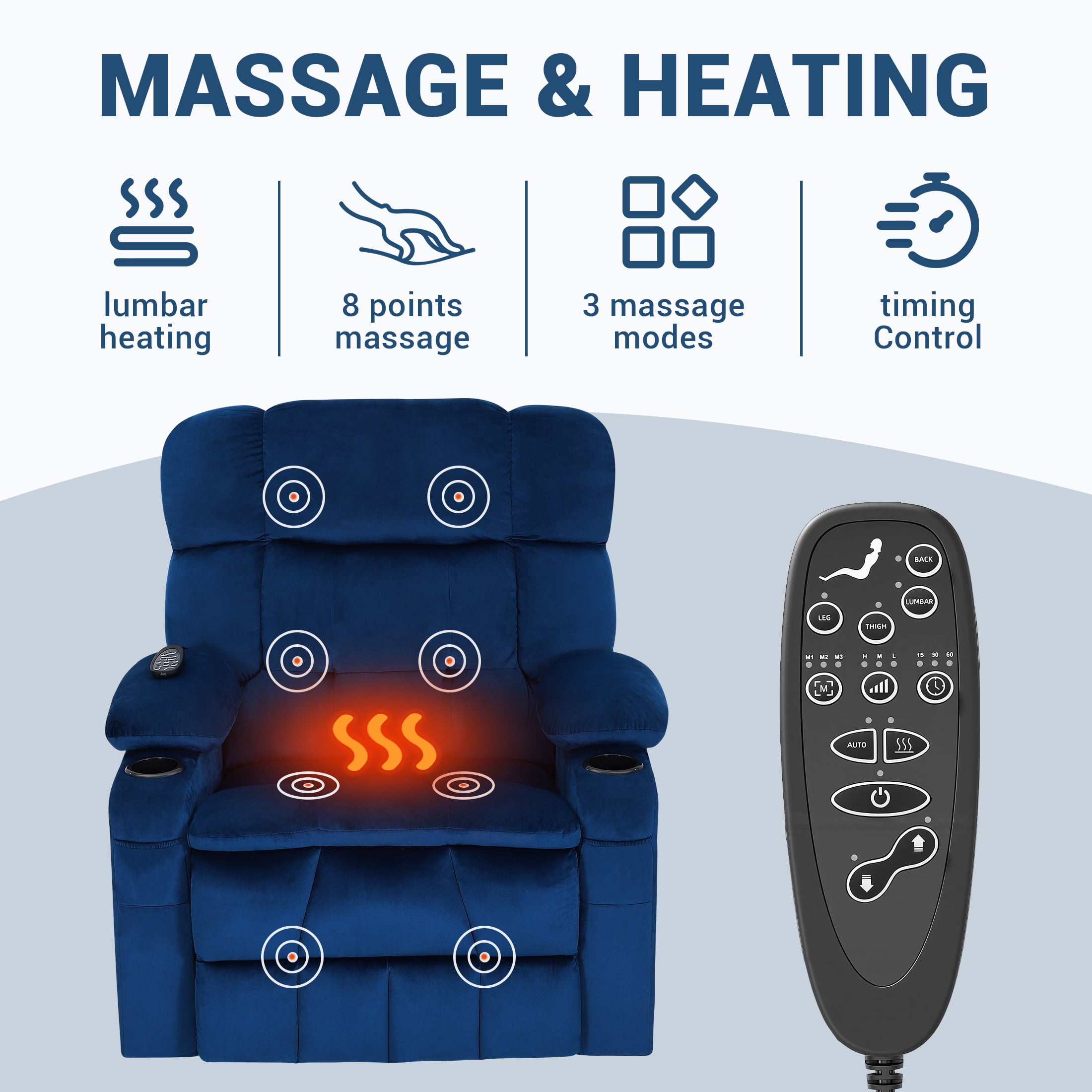 PAPROOS Large Power Lift Recliner Chair with Massage and Heat for Elderly Big and Tall People, Overstuffed Wide Recliners with 2 Cup Holders, Side Pocket for Living Room, Single Sofa, Blue