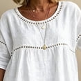 thumbnail image 3 of Morrtic Women's Eyelet Spliced 2 Piece Solid Color Set – Round Neck Half Sleeve Blouse & Wide-Leg Pants, Summer Casual Outfit White，M, 3 of 6