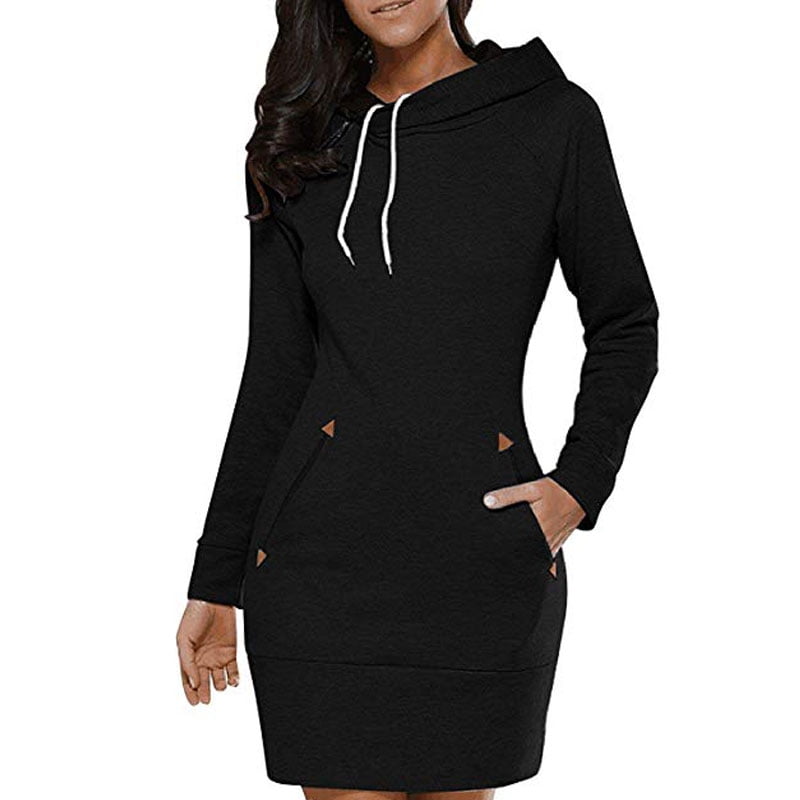 Womens Long Sleeve Hooded Travel Time Loose Casual Pullover Hoodie Dress Tunic Sweatshirt Dress with Pockets