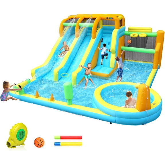 (2025 New) JOYMOR 11-in-1 Inflatable Water Slide Bounce House w/ 2 Waterslides, 2 Basketball Hoops, Deeper Pool, 1min Blow Up Waterslide for Kids Includes Air Blower, Water Blasters, Storage Bag