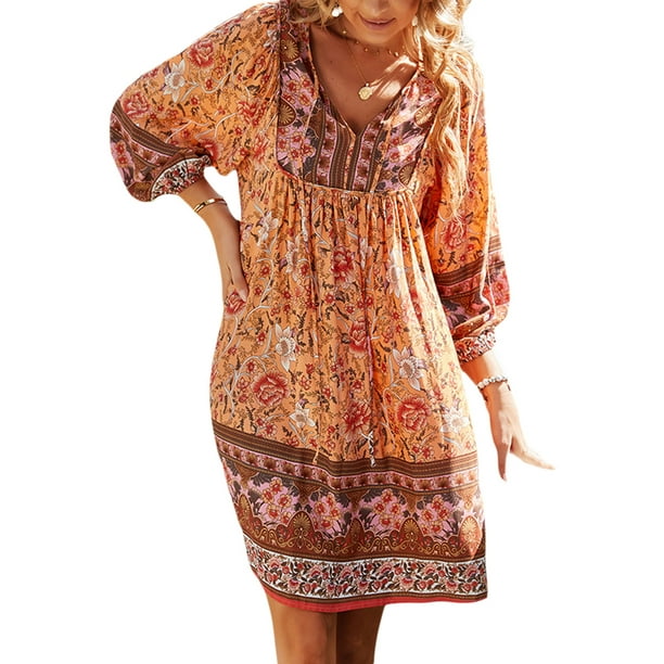 Lucakuins - Vestido de playa corto de verano para mujer, manga larga, cuello en V, estilo bohemio, vintage, floral Lucakuins S-XL