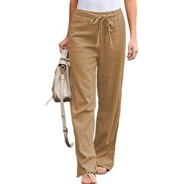 Womens Cotton Linen Straight Leg Trousers Summer Casual Long Pants Plus ...