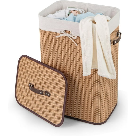 GOFLAME Bamboo Laundry Hamper Portable, Dirty Clothes Storage Basket with Lid and Removable Liner, Large Storage Clothes Bin with Handles, Suitable for Bedroom, Bathroom