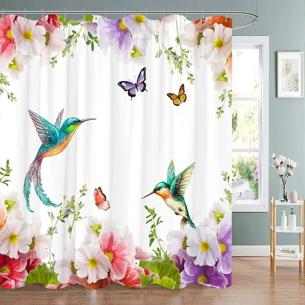 Rideau De Douche Floral Boho 180x180cm Imperméable - Motif Aquarelle Hawaïen, Polyester, Crochets Inclus