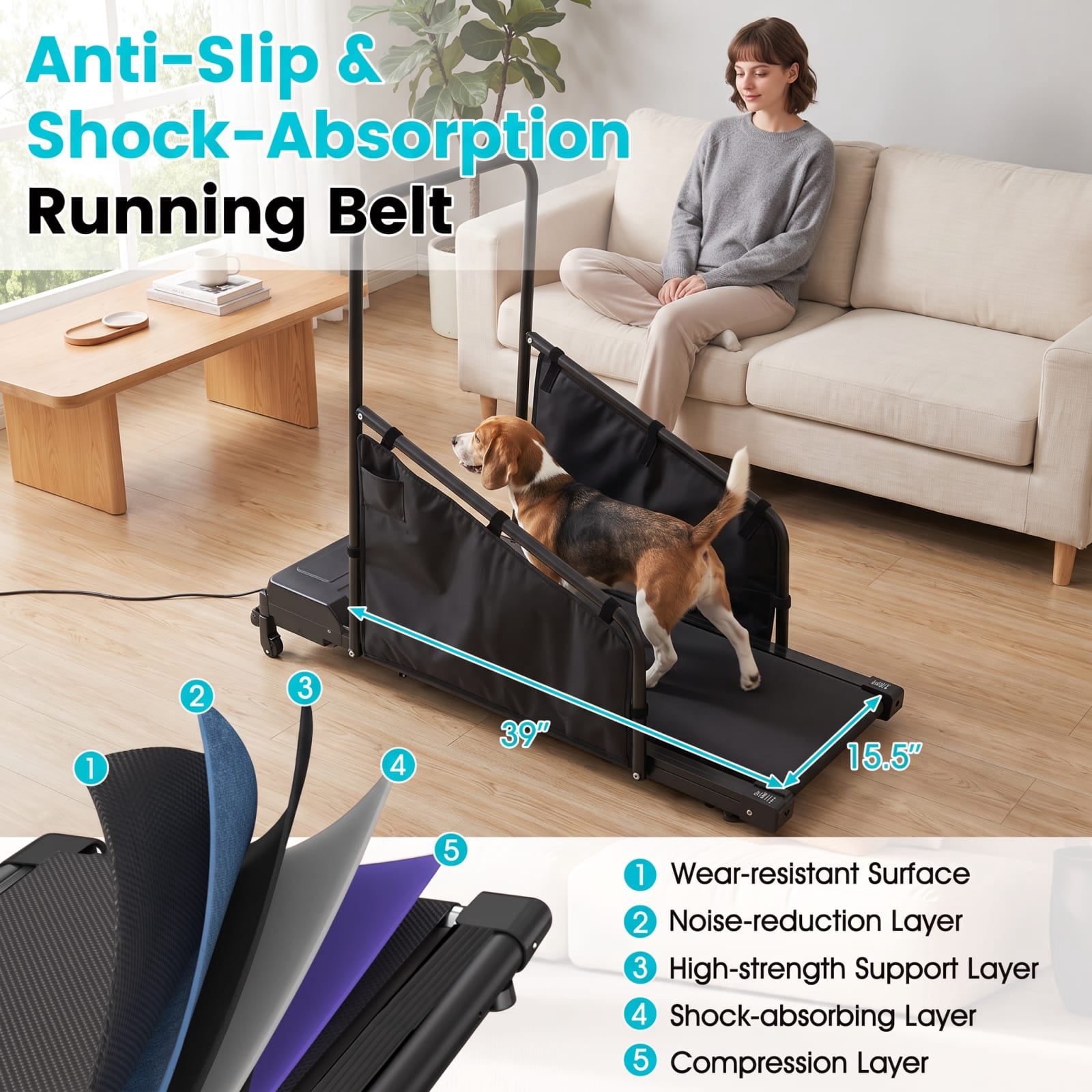Vebreda Dog Treadmill for Small Medium Dogs, 2 HP Quiet Under-45dB Motor Pet Running Machine with Remote Control, LCD Display, 3-Level Incline, 0.5-7.5 MPH Speed & 220 lbs Capacity, Black