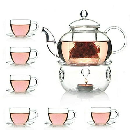 27 OZ Glass Filtering Tea Maker Teapot With a Warmer 6 Tea Cups and Saucers