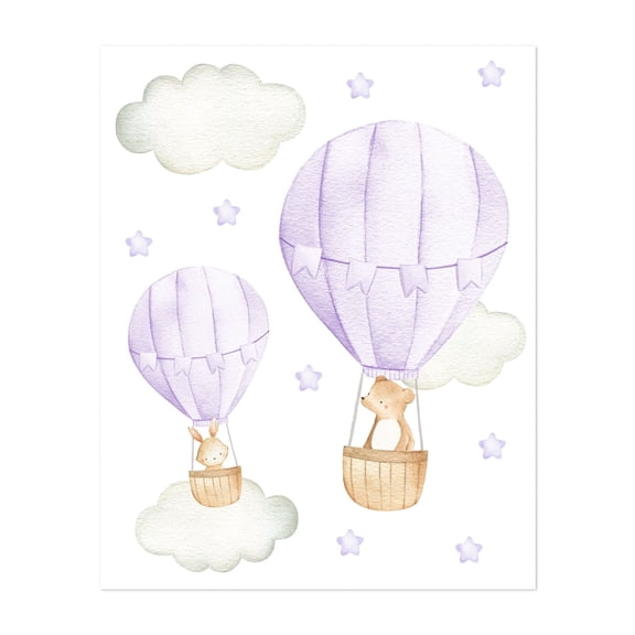 Purple Hot Air Balloon, Bear, Bunny, Forest Animals, Woodland Animals, Gender Neutral Nursery - Illustration Watercolor Hot Air Balloon Whimsical Animal Stars Unframed Wall Art Print 6 x 8 inches