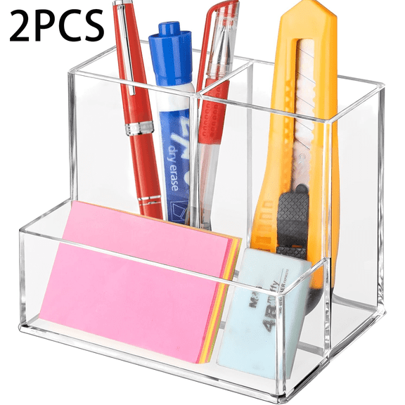 Sasio Clear Acrylic Pencil Holder for Desk, 3 Compartments Desktop Organizer for Pen, Marker, Home Office Classroom Bathroom