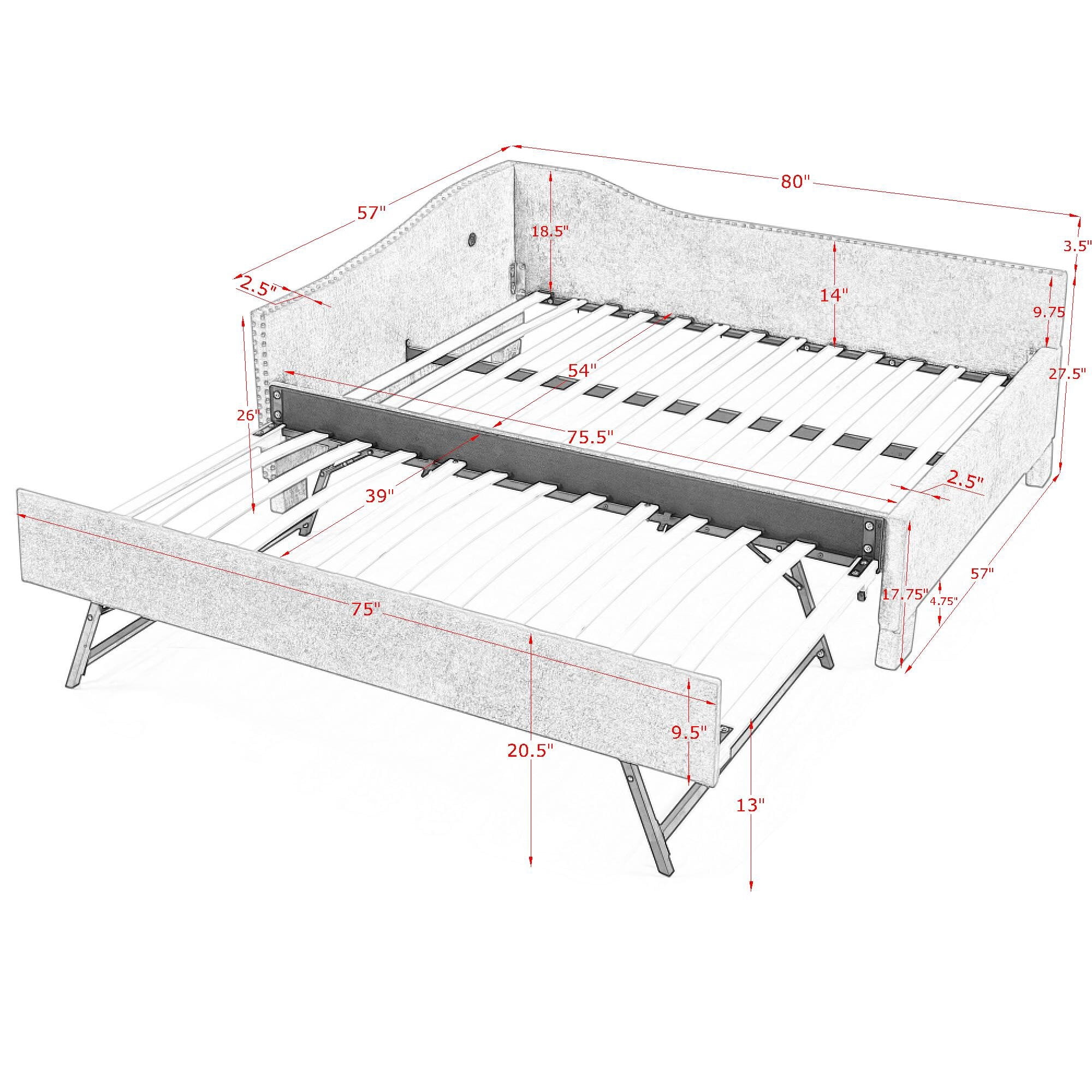 Full Size Daybed,Chenille Upholstered Daybed with Pull-Out Trundle & Built-In USB Charging Port,2-in-1 Space Saving Sofa Bed for Guest Room,Small Space,Grey