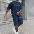 thumbnail image 3 of LEKDFST Mens Summer Outfits Set Casual 2 Piece Short Sets Letter Print Loose Fit T Shirt and Shorts Tracksuits Navy XXL, 3 of 9