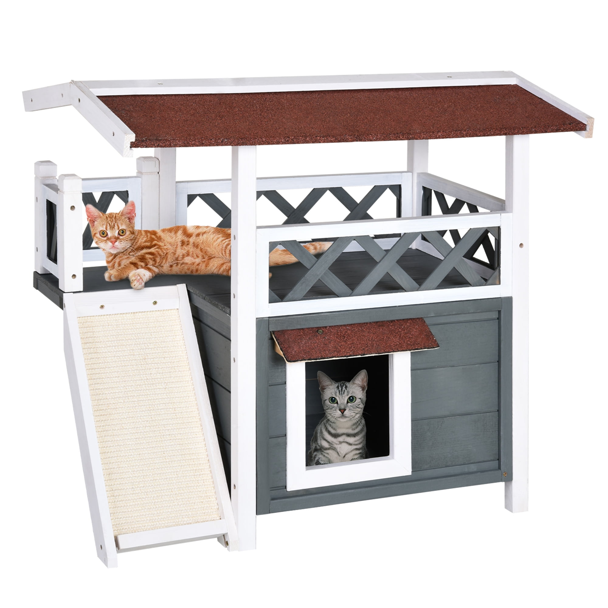 Pawhut 2-story Cat House Wood Shelter with Condo Sisal Ramp, Gray ...