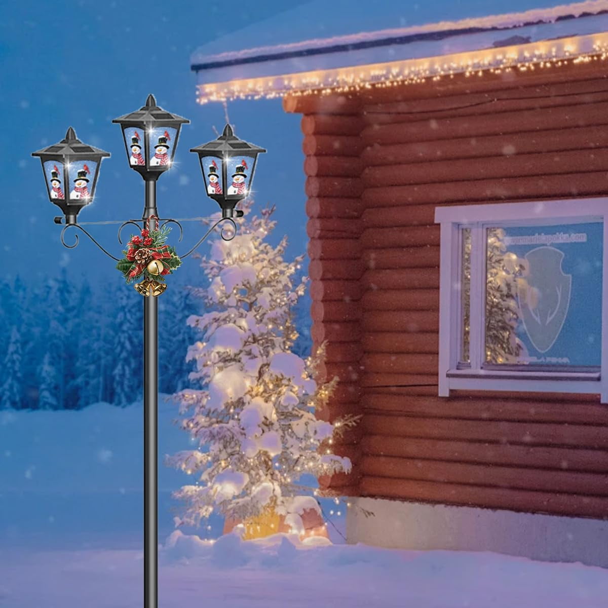 Solar Fence Post Light 72" Outdoor Waterproof, Black Vintage Lamp with Snowman Red Bird Christmas Decoration