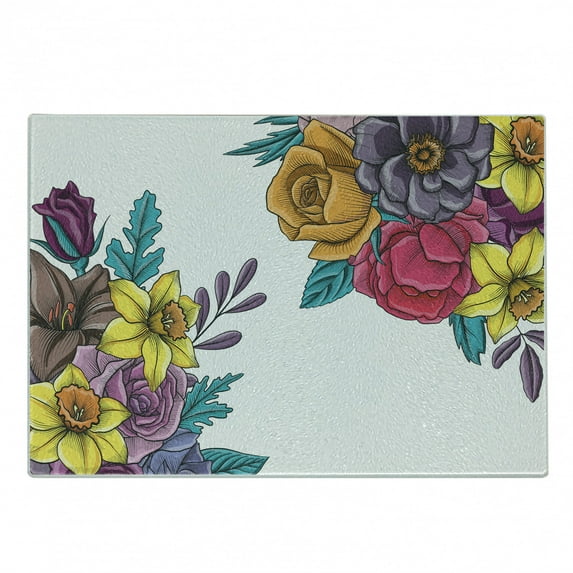 Botanical Cutting Board, Illustration of Romantic Bouquet of Colorful Flowers on Plain Background, Decorative Tempered Glass Cutting and Serving Board, in 3 Sizes, by Ambesonne