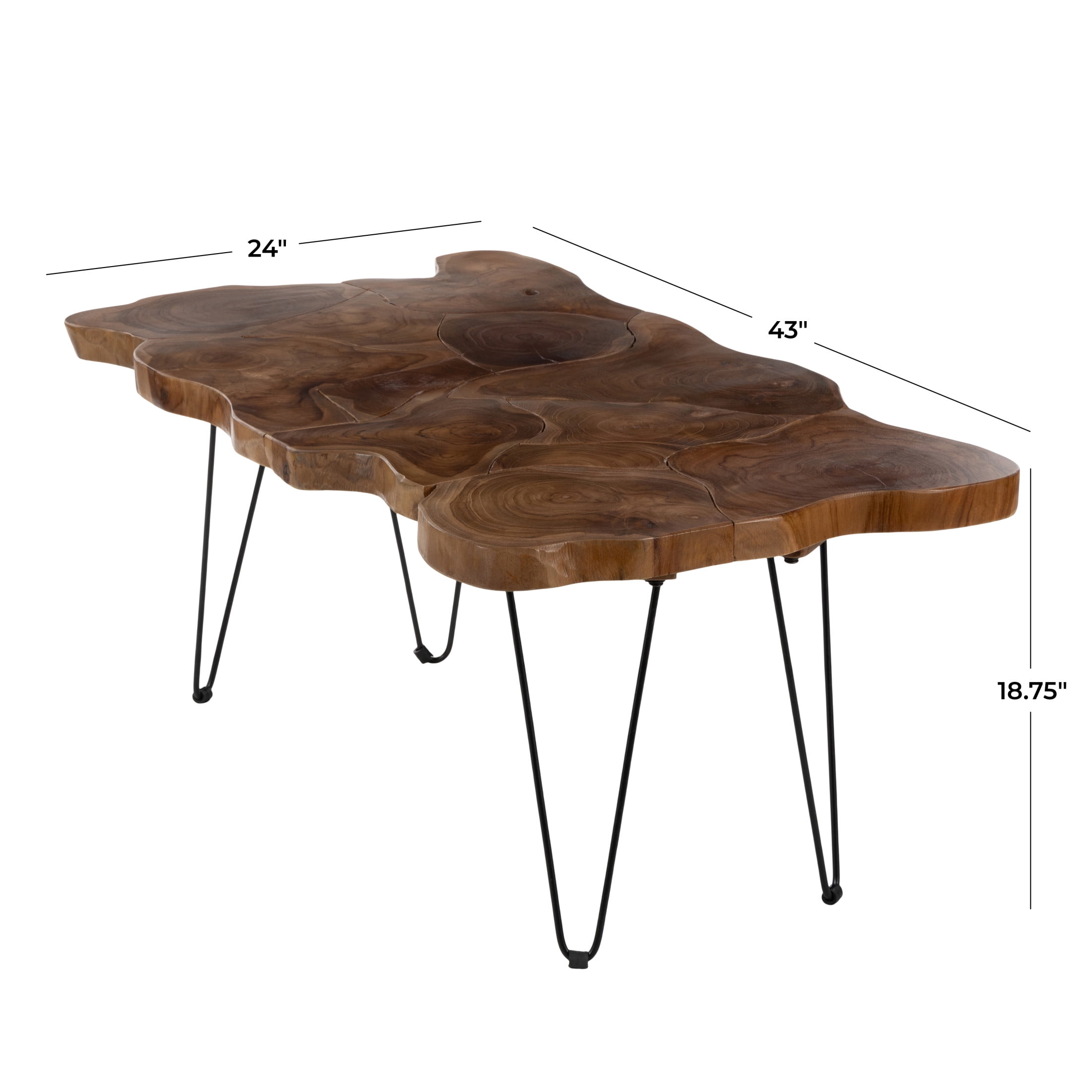 DecMode 43" x 19" Brown Teak Wood Handmade Live Edge Coffee Table with Black Hairpin Legs, 1-Piece
